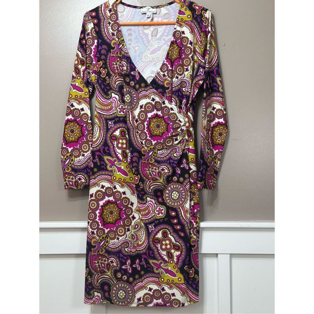 Jude Connally Diane Faux Wrap Long Sleeve V Neck Paisley Women's Dress Medium